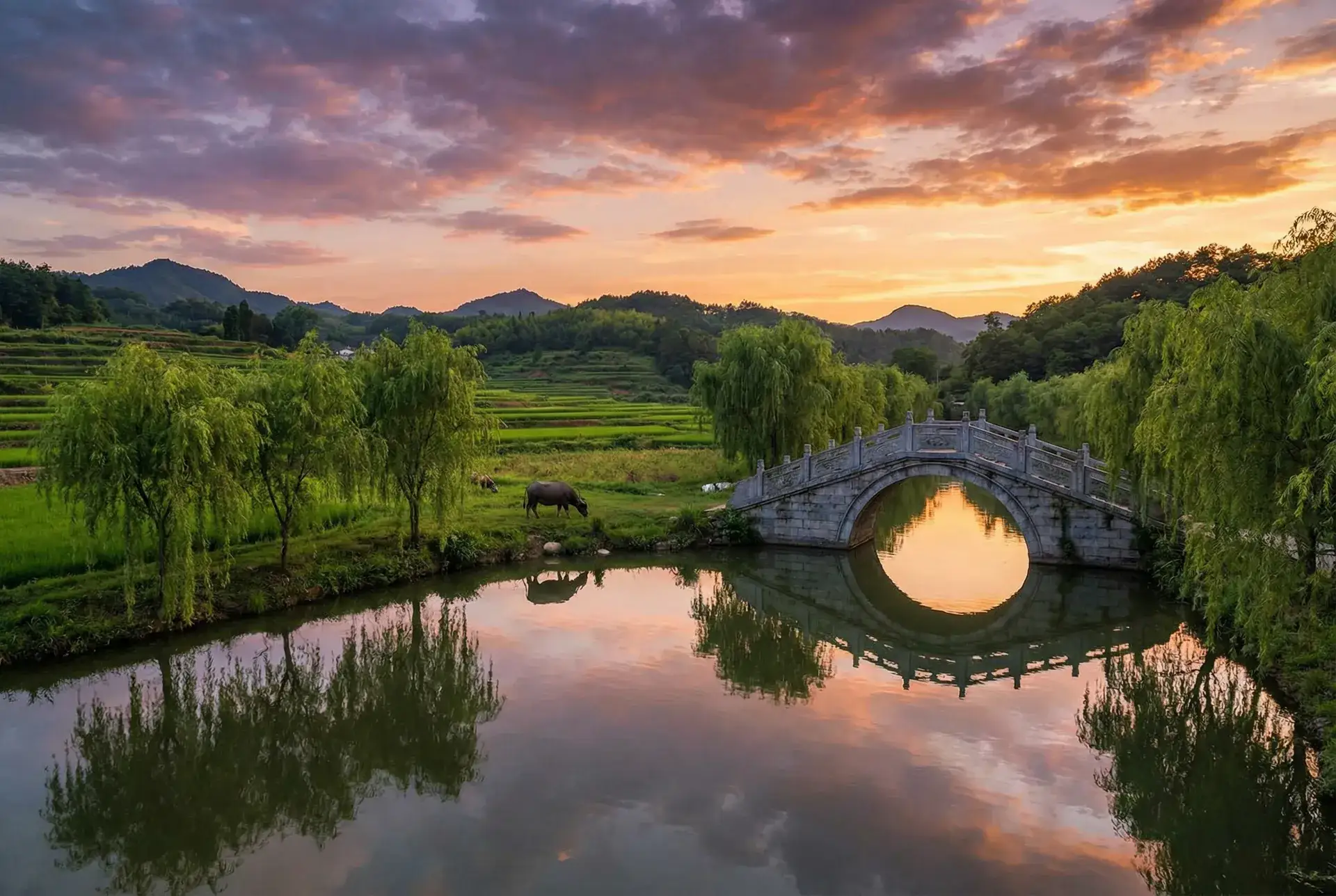 夕阳下的石拱桥与垂柳，水牛在河边吃草 - 年轻的老师3中文完整版在线观看 乡村美景